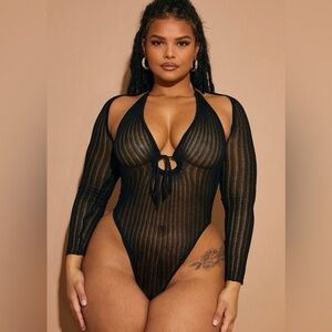 NWT PrettyLittleThing Plus Black Sheer Knit Bodysuit w/ Sleeves Size XXXL